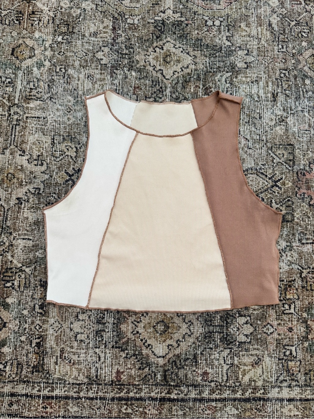 SHEIN Panelled Ribbed Crop Tank Top - White, Cream & Brown